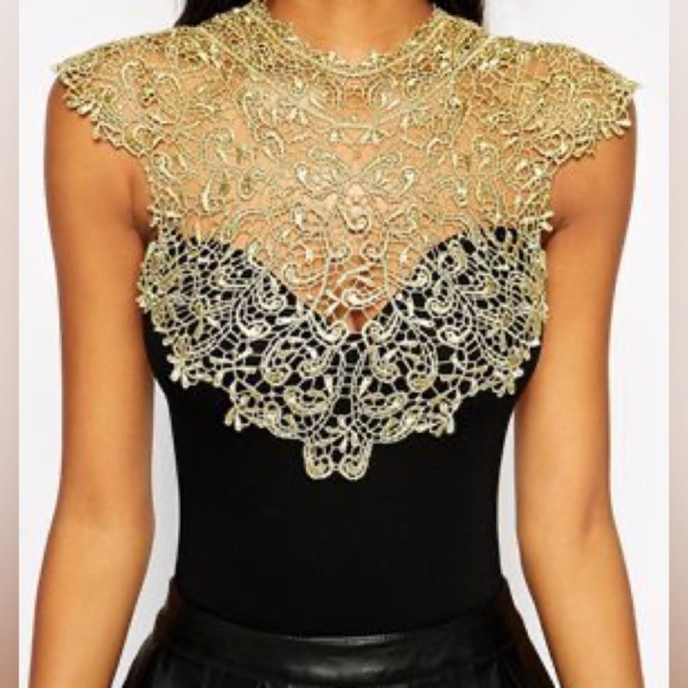 Lipsy Black & Gold Lace Evening Top | Size 12/L